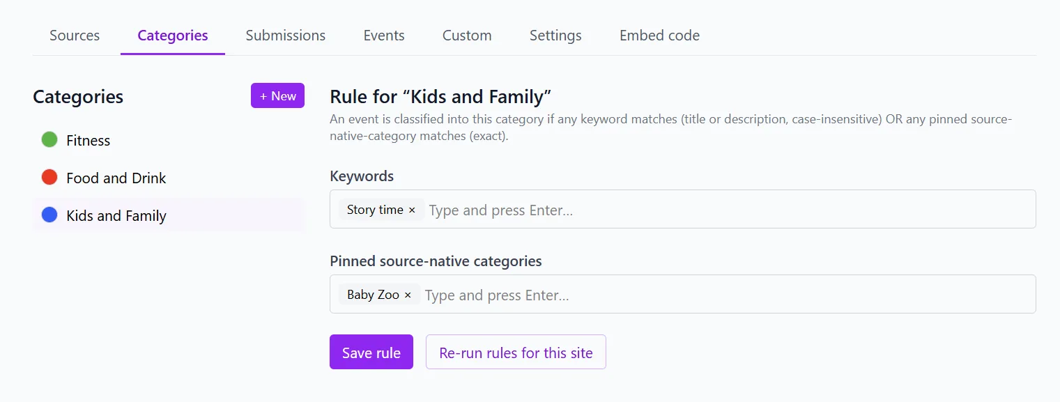 The Categories tab: three categories with colour dots on the left, and on the right the rule for Kids and Family, with a Keywords box holding Story time and a Pinned categories box holding Baby Zoo
