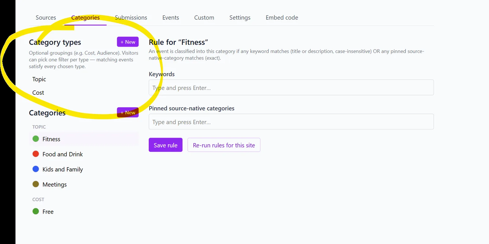 The Categories tab with the Category types panel circled: types Topic and Cost, and the categories grouped under them, Fitness, Food and Drink, Kids and Family and Meetings under Topic, and Free under Cost