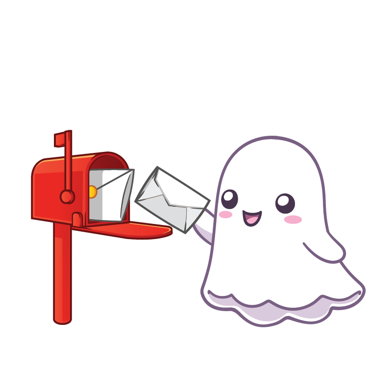 A happy ghost pulling envelopes from a red mailbox