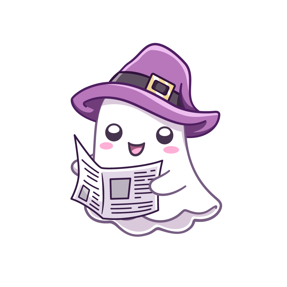 A ghost in a witch hat, reading a newspaper
